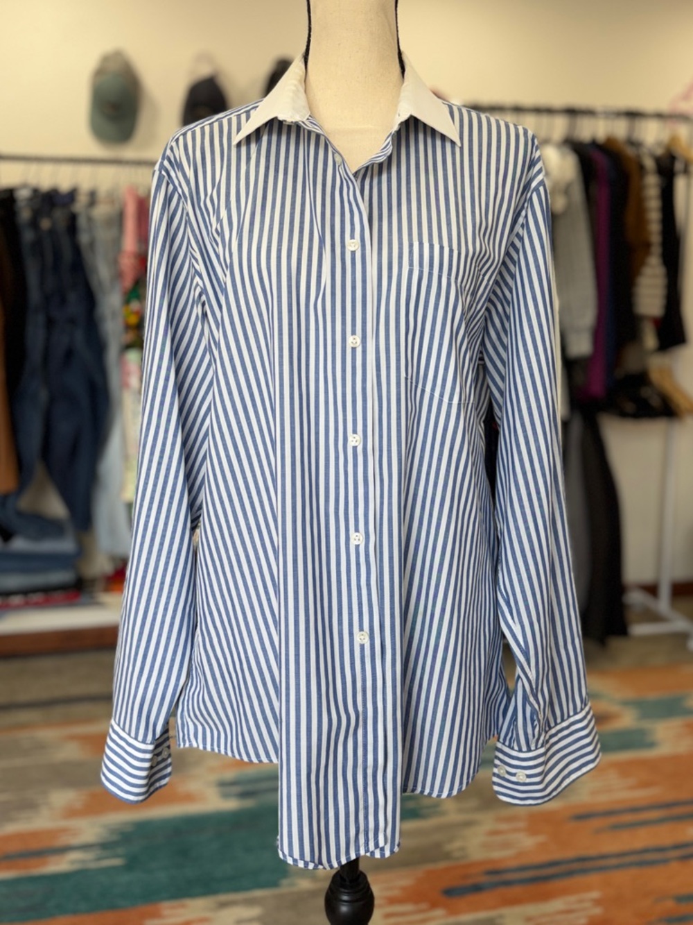 Vintage Button Down Blue & White Striped English Poplin Made in USA